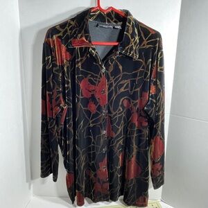 VTG Impressions Women's Top  1X  Black Gold & Red Faux Velvet Floral Button Down
